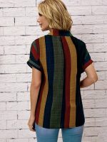 Striped Print Button Front Blouse, Vintage Short Sleeve Blouse For Spring & Summer, Women's Clothing - Image 4