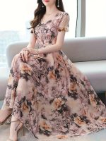 Floral Print Crew Neck Dress, Elegant Short Sleeve Dress For Spring & Summer, Women's Clothing For Elegant Dressing