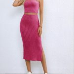 Ribbed Knit Two-piece Skirt Set, Crop Cami Top & Split Hem Skirt Outfits, Women's Clothing - Image 3