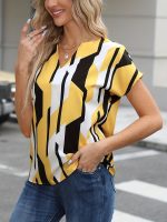Color Block Graphic Print Blouse, Notched Neck Casual Short Sleeve Blouse, Women's Clothing - Image 11