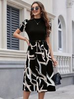 Graphic Print Mock Neck Dres, Elegant Short Sleeve A-line Dress For Spring & Summer, Women's Clothing - Image 5