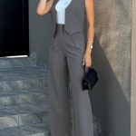 Solid Two-piece Set, Elegant Button Front Vest & Wide Leg Pants Outfits, Women's Clothing