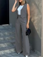 Solid Two-piece Set, Elegant Button Front Vest & Wide Leg Pants Outfits, Women's Clothing