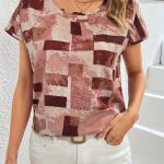 Geometric Print Blouse, Casual Crew Neck Short Sleeve Summer Blouse, Women's Clothing - Image 3