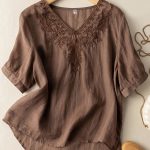 Floral Embroidery V Neck T-shirt, Vintage Half Sleeve Loose T-shirt For Spring & Summer, Women's Clothing - Image 2