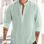 Classic Design Cotton Boat Neck Henley Shirt, Men's Casual Fit Vintage Style Long Sleeve Top For Spring Fall - Image 3