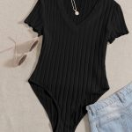 Solid V Neck Rib Knit Bodysuit, Casual Short Sleeve Basic Bodysuit, Women's Clothing - Image 7