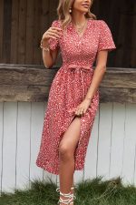 Tie Waist Floral Print V Neck Casual Dress - Image 3