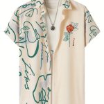 Abstract And Flower Pattern Men's Fashionable And Simple Short Sleeve Button Casual Lapel Shirt, Trendy And Versatile, Suitable For Summer Dates, Beach Holiday, As Gifts, Men's Clothing - Image 4