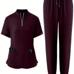 Solid Color Two-piece Scrub Set, Zip Front Short Sleeve Pockets Scrub Top & Drawstring Pants Outfits For Medical & Health Care, Women's Clothing - Image 9