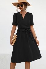 Solid Color V Neck Tie Waist Casual Dress - Image 3