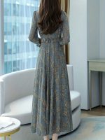 Floral Pattern Midi Dress, Vintage V Neck Long Sleeve Dress, Women's Clothing - Image 4
