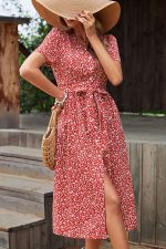 Tie Waist Floral Print V Neck Casual Dress - Image 2