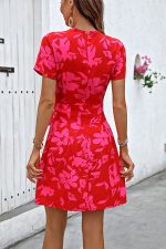 Floral Print Round Neck Tie Waist Casual Dress - Image 6
