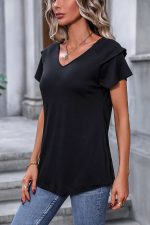 V Neck Ruffle Sleeve Solid Casual Tops - Image 4
