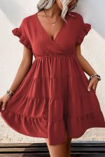 V Neck Ruffle Hem Short Sleeve Casual Dress - Image 4