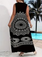Mandala Floral Print Maxi Dress, Elegant Notched Neck Sleeveless Dress, Women's Clothing - Image 4