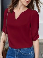 Solid Color Notched Neck Blouse, Elegant Half Sleeve Blouse For Spring & Fall, Women's Clothing