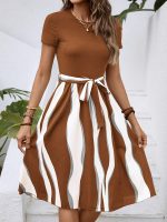 Striped Print Tie Waist Splicing Dress, Versatile Short Sleeve Dress For Spring & Summer, Women's Clothing For Elegant Dressing - Image 11
