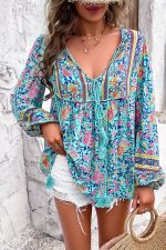 Bohemian Floral Print V Neck Casual Tops - Image 3