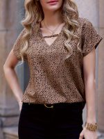 Dalmatian Print V Neck Blouse, Casual Short Sleeve Top For Spring & Summer, Women's Clothing