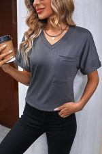 V Neck Short Sleeve Solid Casual Tops