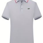 Breathable Embroidered Shirt, Men's Casual Crocodile Pattern Stripe Lapel Button Up Golf Shirt For Summer - Image 7