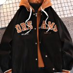Men's Casual Letter Print Hooded Varsity Jacket, Chic Vintage Style Thin Bomber Jacket For Spring Fall - Image 4