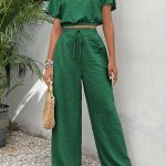Solid Color Summer & Spring Casual Two-piece Set, Batwing Sleeve Crop Top & Tie Front Pants Outfits, Women's Clothing - Image 4
