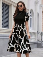 Graphic Print Mock Neck Dres, Elegant Short Sleeve A-line Dress For Spring & Summer, Women's Clothing - Image 3