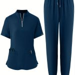 Solid Color Two-piece Scrub Set, Zip Front Short Sleeve Pockets Scrub Top & Drawstring Pants Outfits For Medical & Health Care, Women's Clothing - Image 5