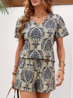 Elegant Ethnic Print Two Pieces, V Neck Short Sleeve Top & High Waist Shorts Outfits, Women's Clothing - Image 3