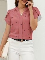 Heart Print V Neck Blouse, Casual Petal Sleeve Blouse For Spring & Summer, Women's Clothing - Image 6