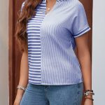 Striped Print Notched Neck Blouse, Casual Short Sleeve Blouse For Spring & Summer, Women's Clothing - Image 3