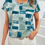 Geometric Print Blouse, Casual Crew Neck Short Sleeve Summer Blouse, Women's Clothing - Image 2