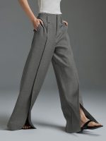 Solid Color Wide Leg Pants, Casual Split Hem Loose Suit Pants For Spring & Summer, Women's Clothing - Image 5