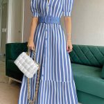 Elegant Striped Lace Up Long Dress, Short Sleeve V-neck Swing Belt Summer Long Dresses, Women's Clothing