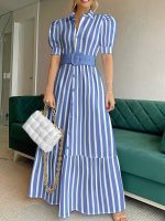 Elegant Striped Lace Up Long Dress, Short Sleeve V-neck Swing Belt Summer Long Dresses, Women's Clothing