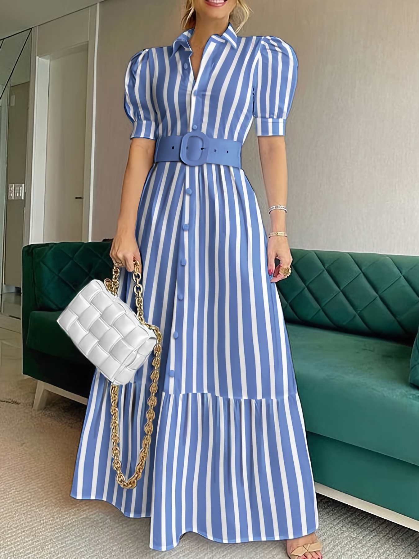 6120acf79d432d673fcb0fce13fff05a.jpg Elegant Striped Lace Up Long Dress, Short Sleeve V-neck Swing Belt Summer Long Dresses, Women's Clothing - Image 1