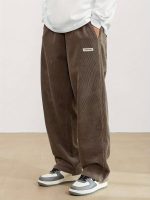 Men's Loose-Fit Corduroy Casual Pants With Pockets In Solid Color, Breathable Straight-Leg Drawstring Trousers For Urban Streetwear And Outdoor Activities, Casual Style
