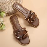 Women's Metallic Buckle Decor Slides, Fashionable Square Open Toe Summer Shoes, Casual Beach Flat Slides - Image 6
