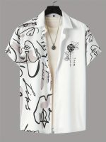 Abstract And Flower Pattern Men's Fashionable And Simple Short Sleeve Button Casual Lapel Shirt, Trendy And Versatile, Suitable For Summer Dates, Beach Holiday, As Gifts, Men's Clothing