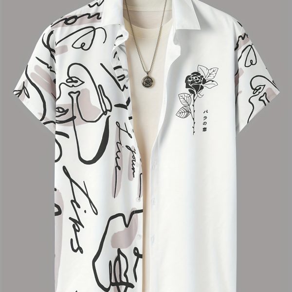 Abstract And Flower Pattern Men's Fashionable And Simple Short Sleeve Button Casual Lapel Shirt, Trendy And Versatile, Suitable For Summer Dates, Beach Holiday, As Gifts, Men's Clothing
