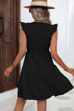 V Neck Solid Smocked Ruffle Hem Mini Dress - Image 5