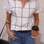 Plaid Print V Neck Blouse, Short Sleeve Casual Blouse For Spring & Summer, Women's Clothing