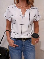 Plaid Print V Neck Blouse, Short Sleeve Casual Blouse For Spring & Summer, Women's Clothing