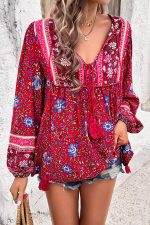 Bohemian Floral Print V Neck Casual Tops - Image 5