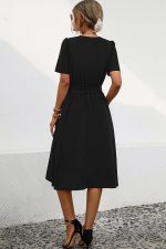 Solid Color V Neck Tie Waist Casual Dress - Image 5