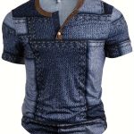 Men's 3D Digital Denim Patchwork Pieces Pattern Print T-shirt With Buttoned Henley Neck And Short Sleeve, Casual And Chic Tops For Summer Outdoors Wear - Image 5