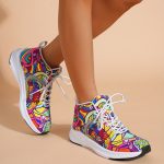 Women's Graffiti Print High-Top Lace-Up Sneakers, Reflective Safety Straps Detail Sneakers, Women's Footwear - Image 6